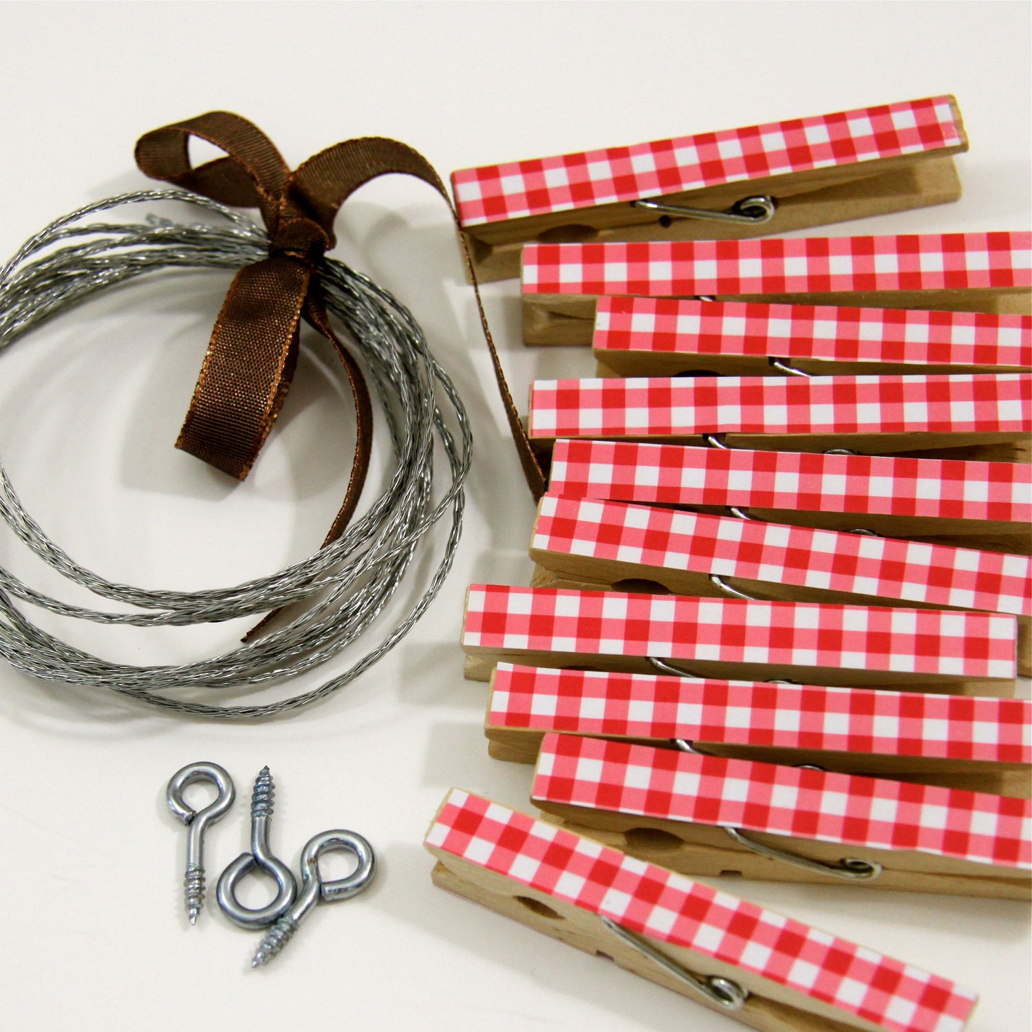 Clothesline Kit. Red Gingham Clothespins and Hanging Wire