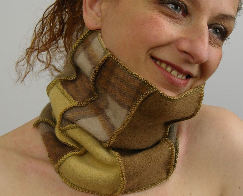 neck warmer eco friendly women unisex cowl tube scarf recycled wool repurposed bamboo yellow beige neutral plaid tagt team curationnation