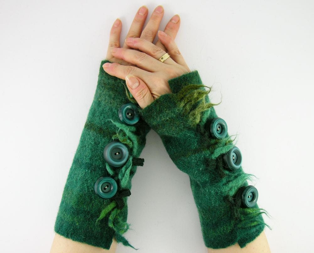 felted fingerless gloves wrists warmers eco friendly arm warmers fingerless mittens cuffs teal green recycled wool tagt team curationnation