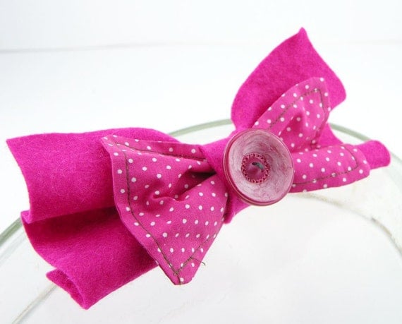 Hair clip bow felt repurposed fabric eco friendly fuchsia hot pink bright polka dot women girls preppy modern tagt team curationnation