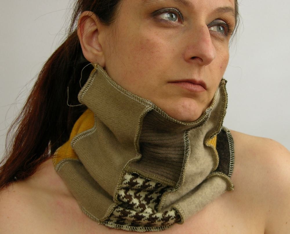 neck warmer eco friendly cowl tube scarf recycled wool repurposed yellow beige fall autumn brown tagt team curationnation
