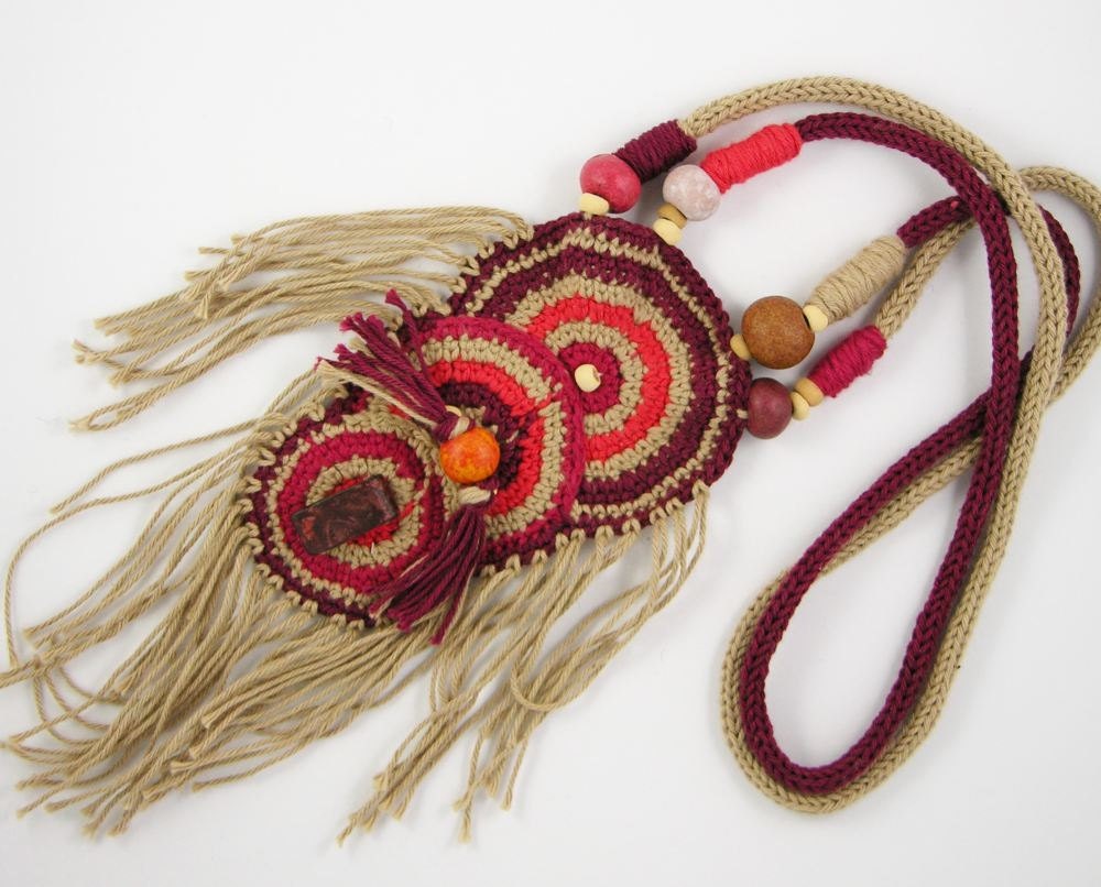 necklace crochet knit cotton ethnic inspired tribal boho african ecru burgundy tangerine tagt team curationnation