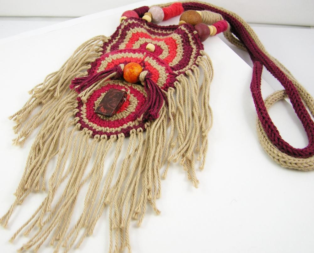 necklace crochet knit cotton ethnic inspired tribal boho african ecru burgundy tangerine tagt team curationnation