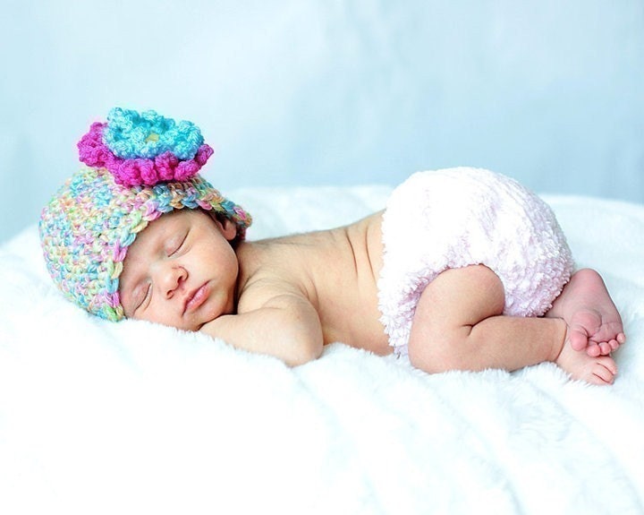PDF Cotton Candy Beanie with Loop Flowers Crochet PATTERN All sizes included