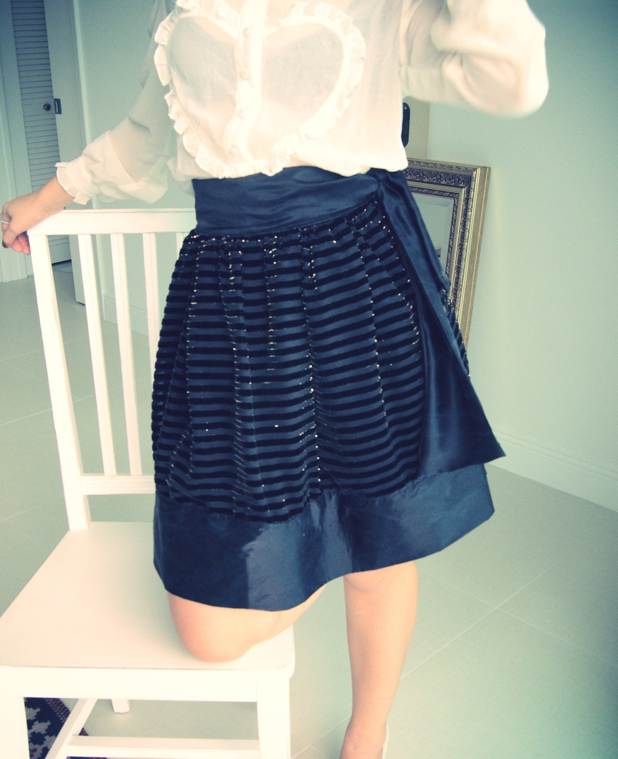 SALE - A Line Skirt Sample Sale Black Velvet Striped Metallic