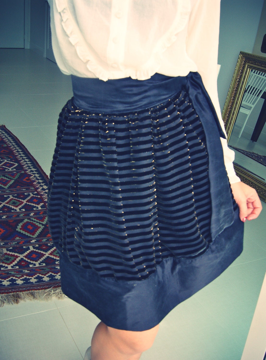 SALE - A Line Skirt Sample Sale Black Velvet Striped Metallic