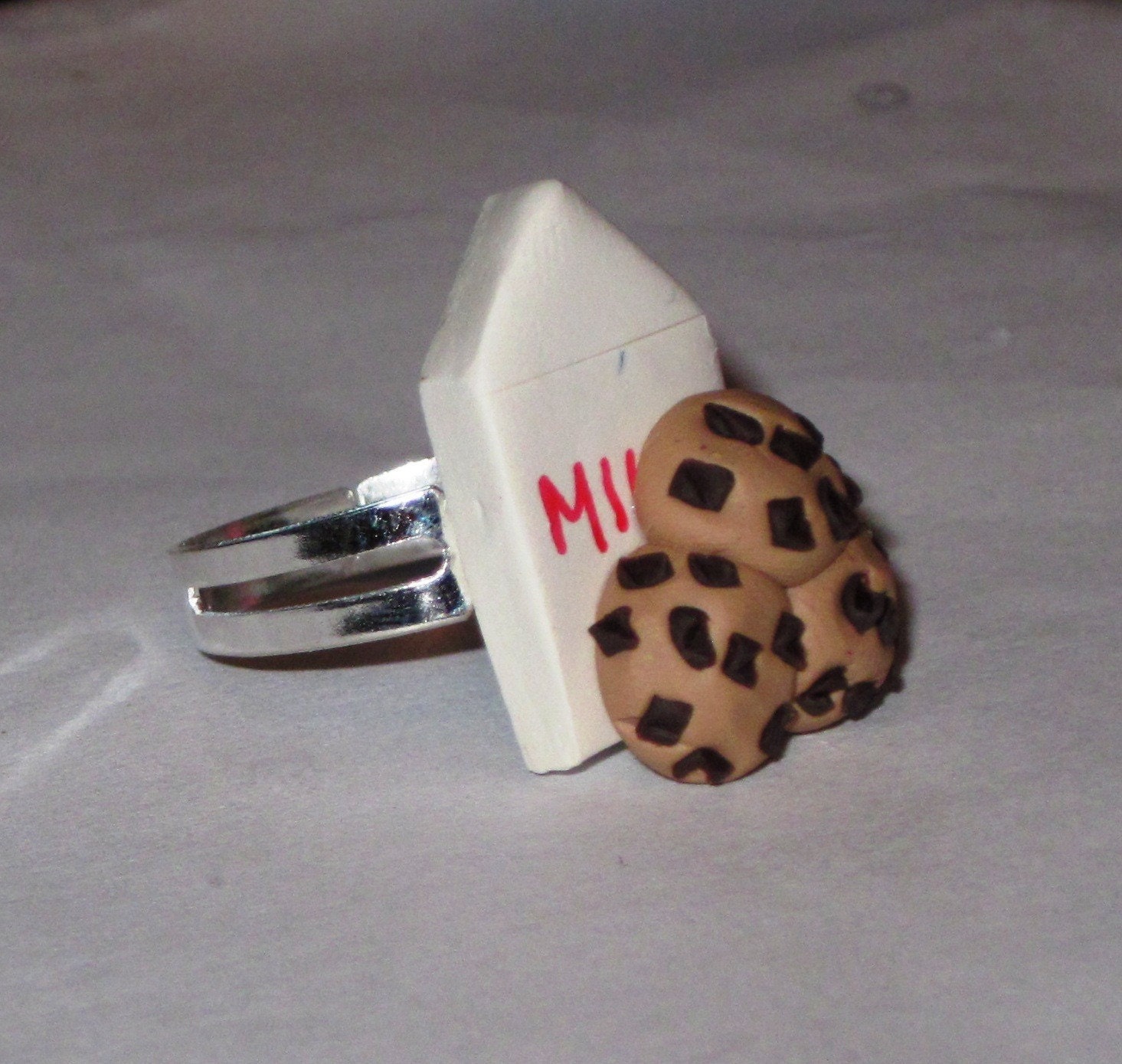 Milk and Cookies Ring - Polymer Clay Food - Handmade - Adjustable Ring - Gift Under 10, 15, 20, 25
