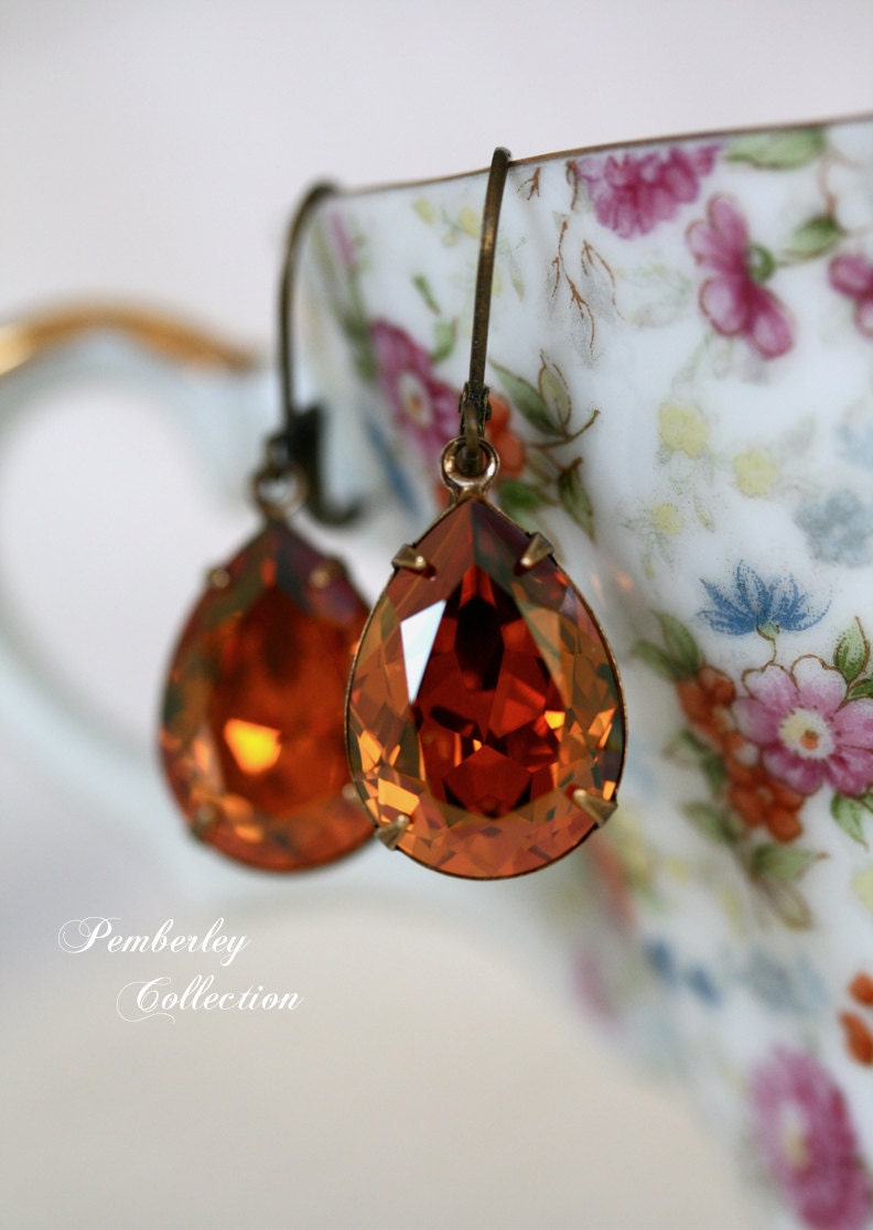 Copper Swarovski Crystal Earrings, Estate Style, Tear Drop, Pear Shape