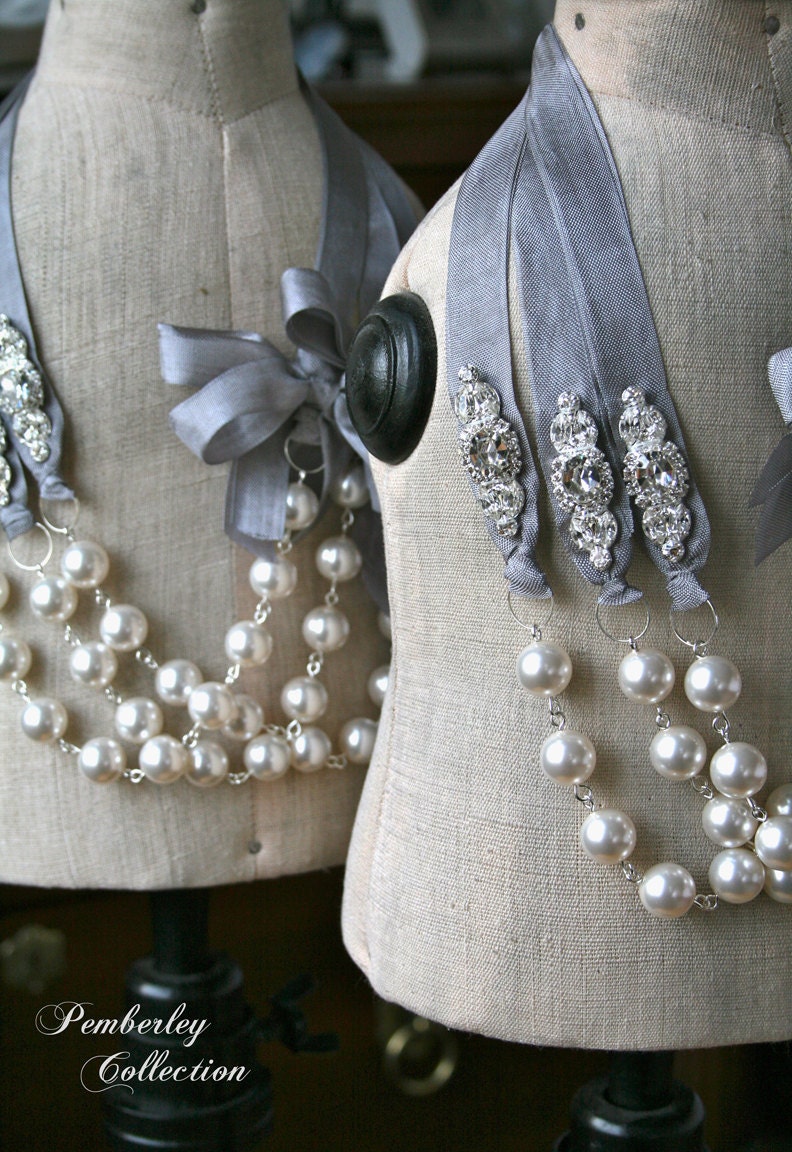 Pearl and Ribbon Necklace, Swarovski, Rhinestone, Wedding Jewelry