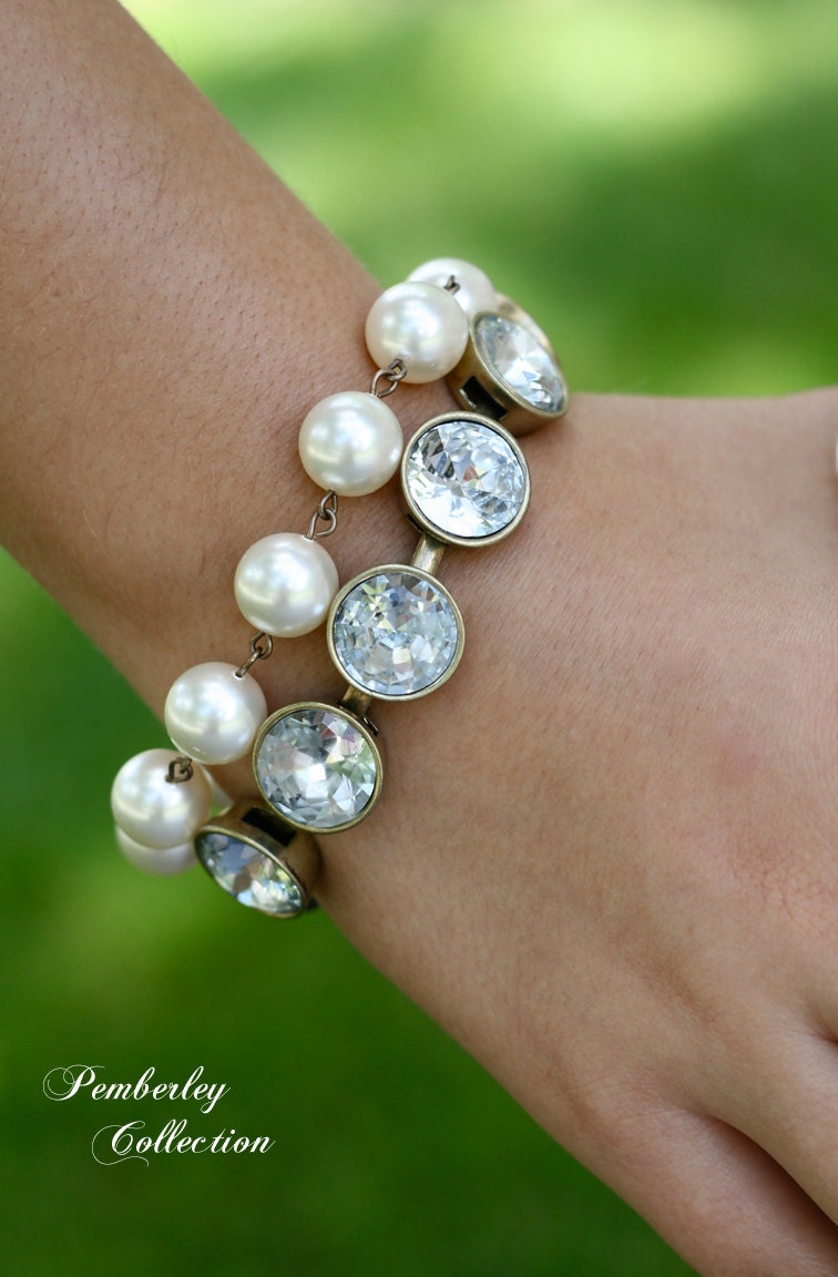 Pearl and Crystal Bracelet, Vintage Style, Crystal Bracelet, Bridesmaid Bracelet, Wedding, Swarovski