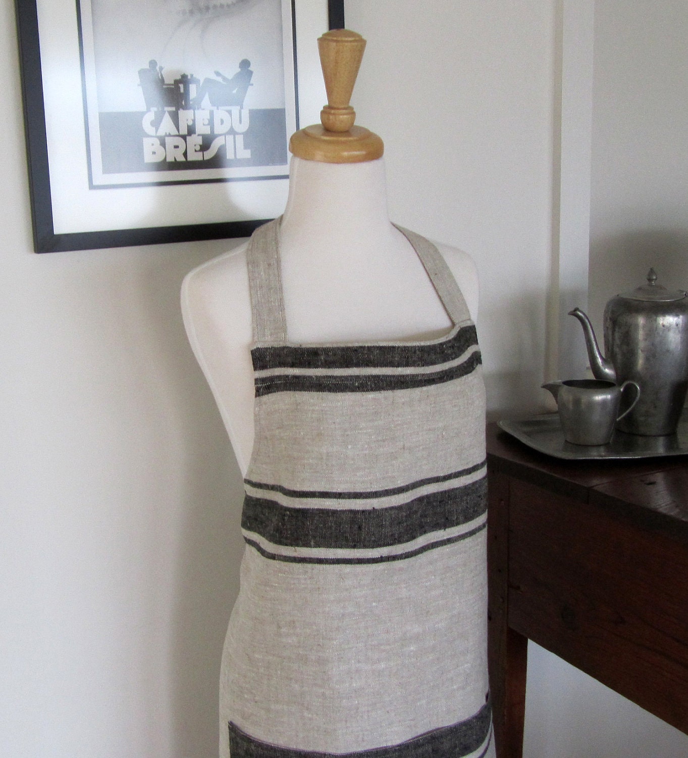 Full Apron Lithuanian Linen Black Striped Natural Chef Gourmet