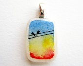 Pendant Charm with Love Birds on Wires (red, yellow, blue sky, silver) P189 - sophiacorinneART