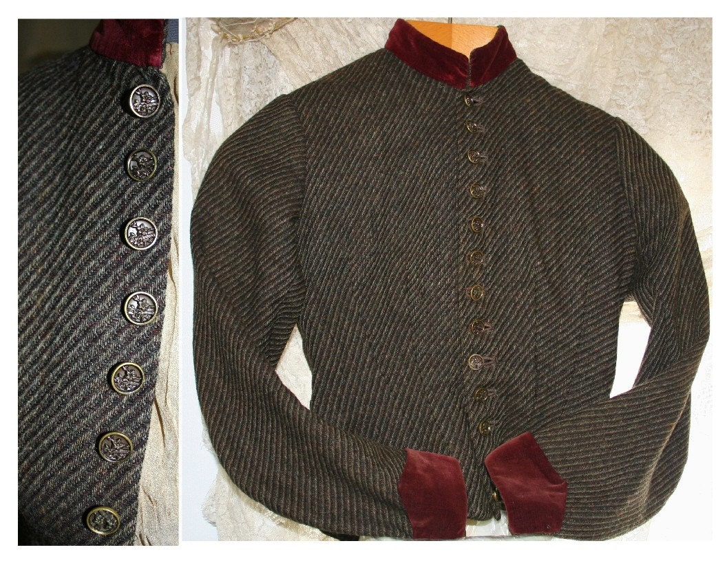 Lat 1800s Early 1900's Wool Herringbone w Burgundy Velvet Trim Original Jacket and Skirt Outfit Steampunk
