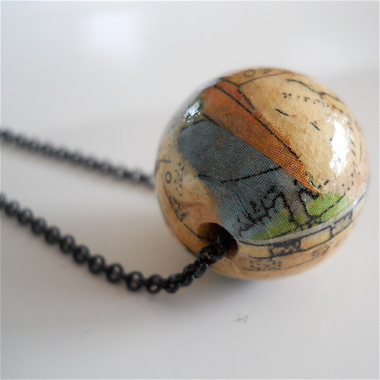 Pendant, Necklace of Paper Mache,  Globe with Matte Black Chain, Fiber Jewelry, Mixed Media Art