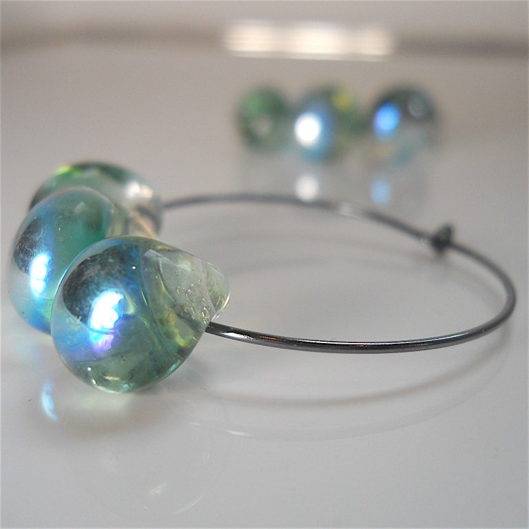 Blue Bubble Earrings on Oxidized Sterling Silver Hoops