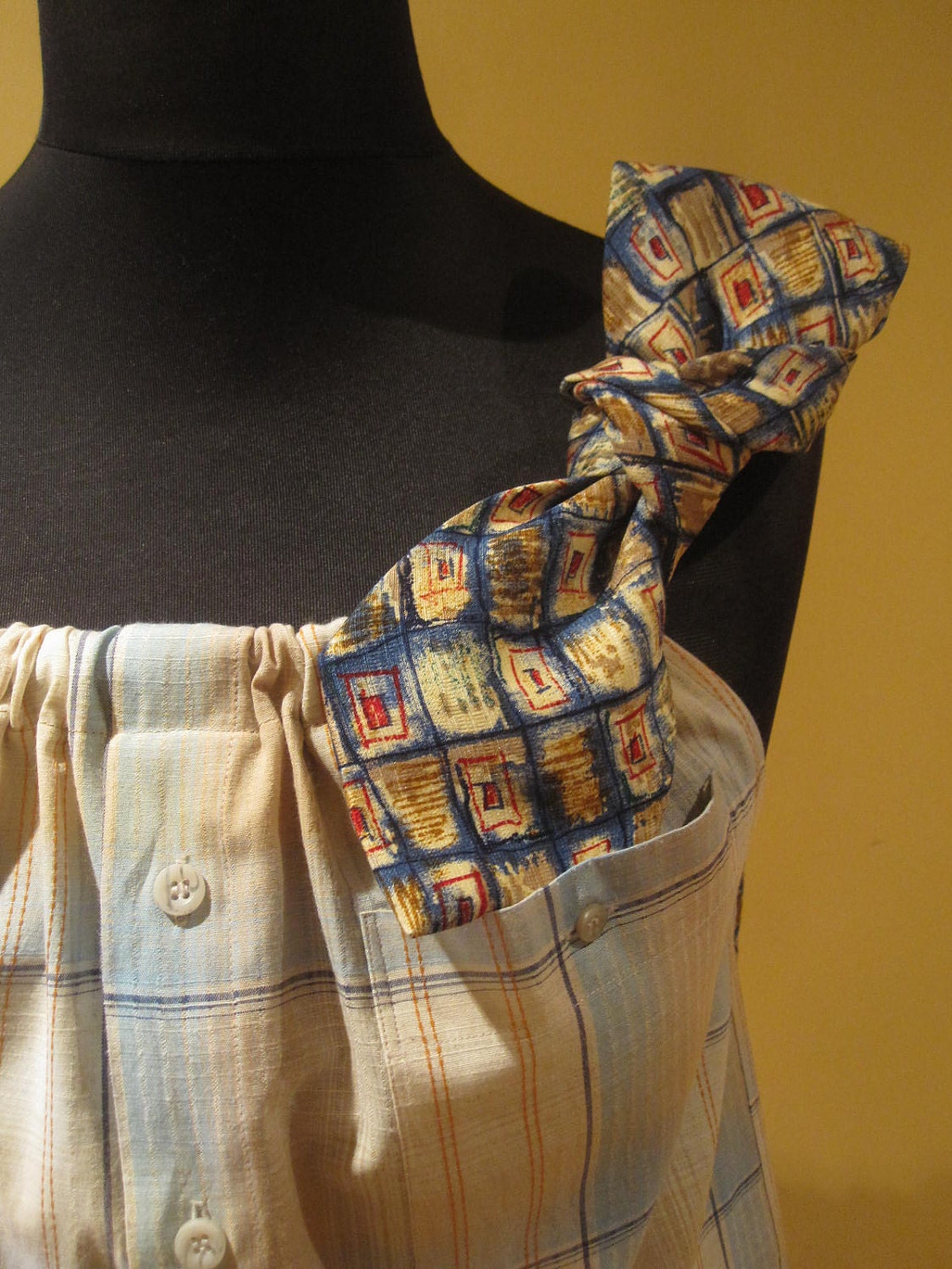 Plaid Upcycled Boyfriend Tank Top Blouse in Blue and Tan with Two Changeable Necktie Shoulder Straps - Womens Upcycled Clothing