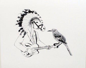 Illustrated Horse and Bird Digital print, wall art A4 210mm x 297mm