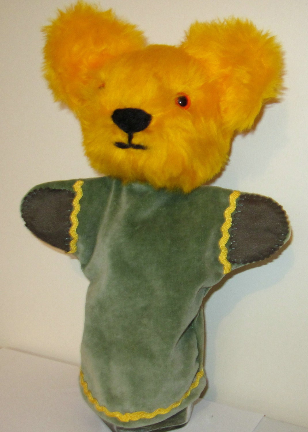 OAAK Green Velvet Glove Puppet with Golden Bear Plush Head Handmade in the UK - coldhamcuddlies