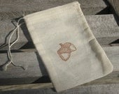 6 Muslin Drawstring Bags size 3x5 stamped with acorns
