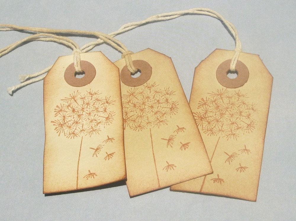 12 small gift tags dandelion puffs distressed manila hang tags