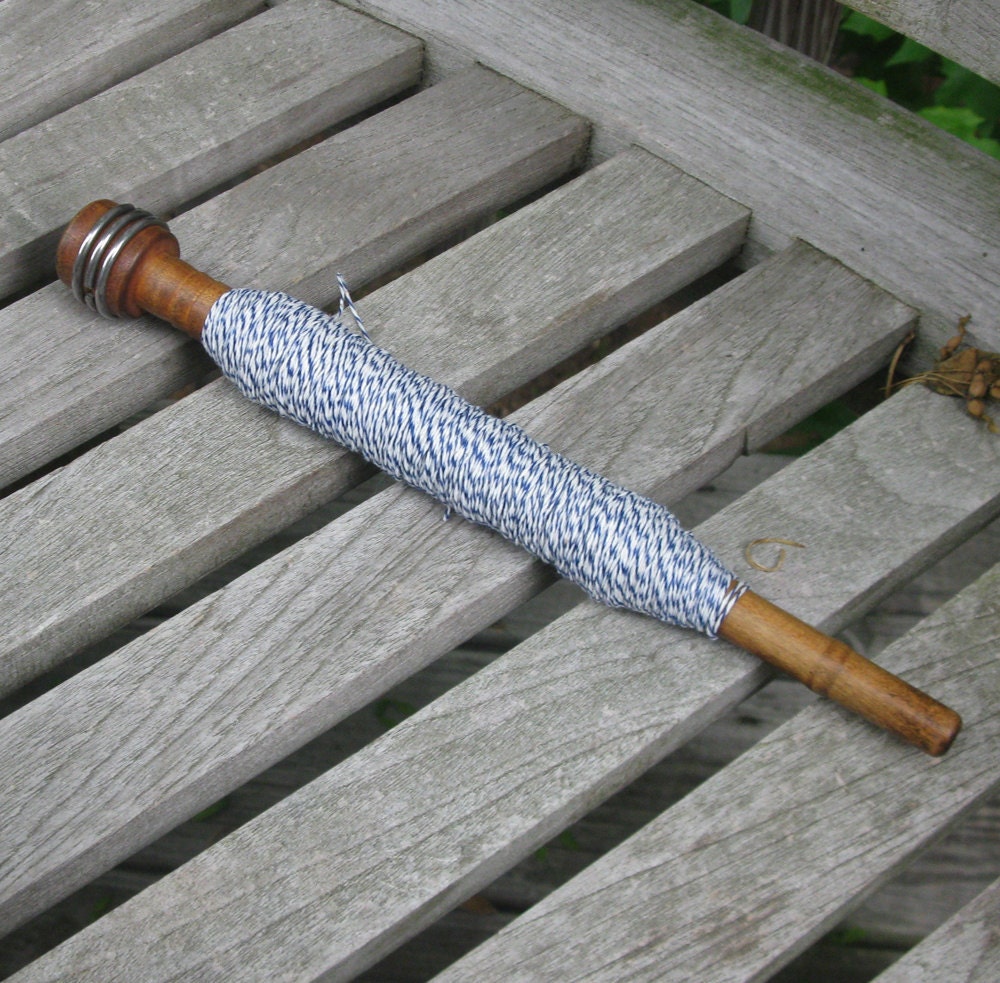 Baker's Twine  100 yards dark blue /white wound on a vintage wooden bobbin from a textile mill
