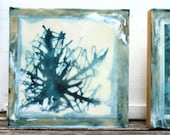 holiday decor, snowflake in watercolor and encaustic, blue white cream on wood abstract painting