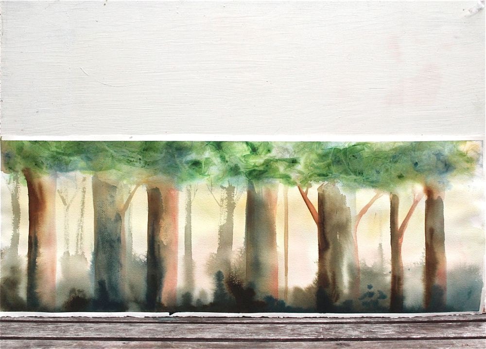 watercolor painting forest landscape painting original watercolor trees, long, brown green