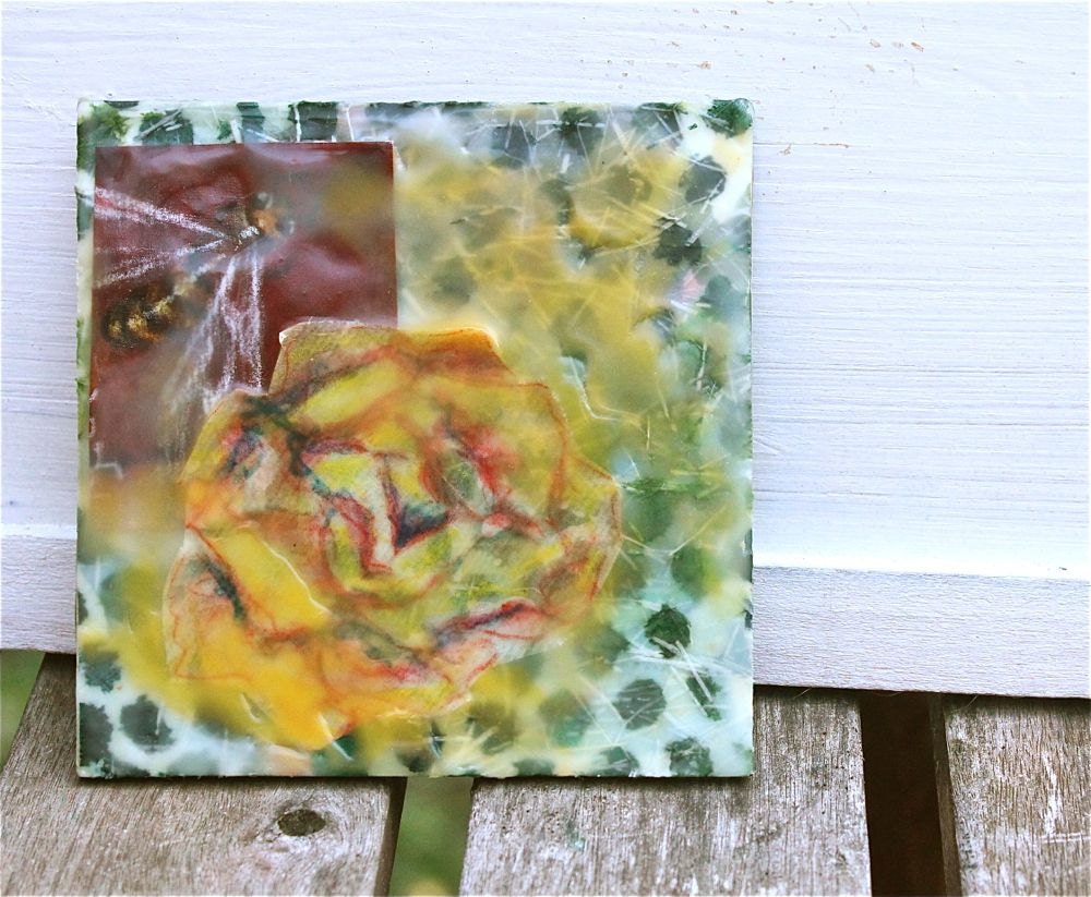 Encaustic painting litte bee, yellow rose abstract floral nature garden green, maroon