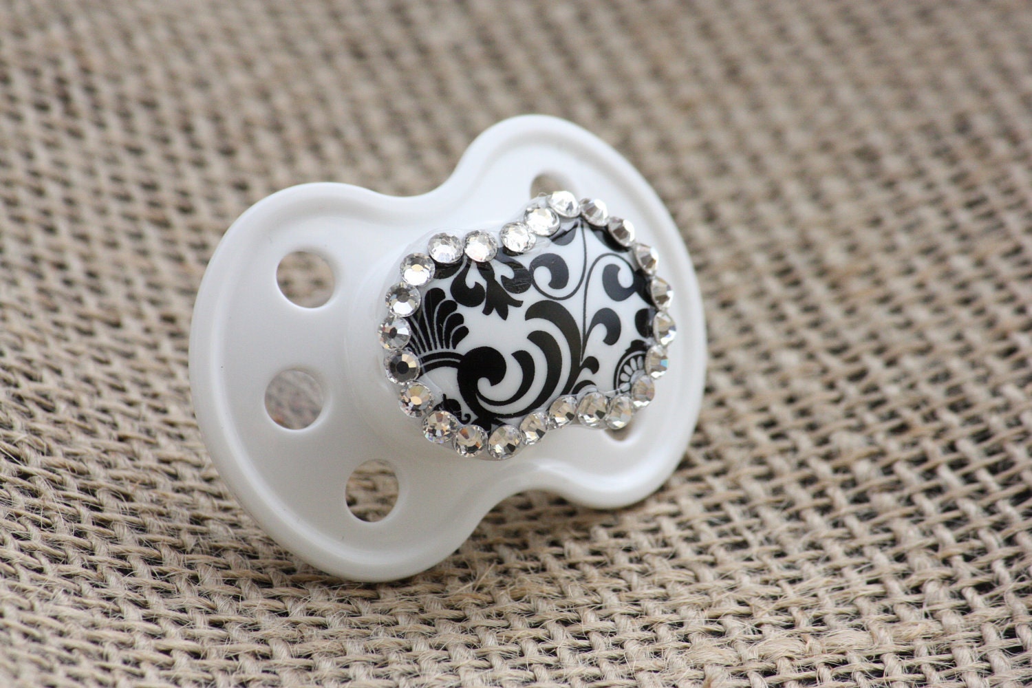 Damask  Bling Binky, White and Black DAMASK Bling Pacifier, Binky, Paci 0-6 Months, made with Swarovski Crystals