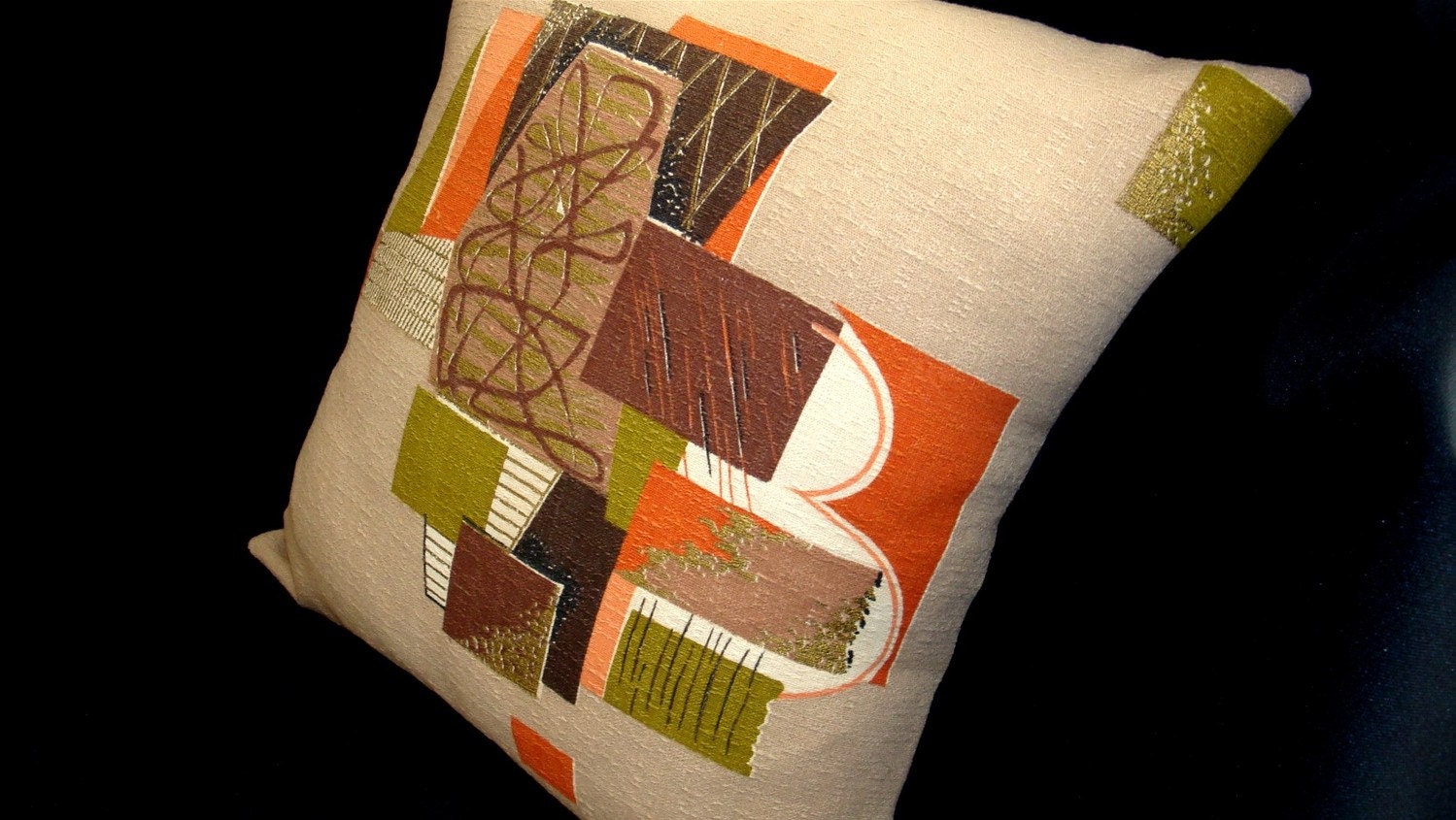 Mid Century Modern - Vintage Barkcloth Pillow Cover - Avocado and Orange on Taupe  -- Lumbar Size - LAST ONE