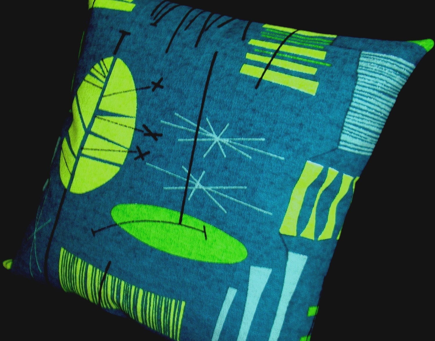 Tiki Atomic Retro Throw Pillow Cover -- Teal and Lime -- for 18" x 18" insert - Premium Reproduction Barkcloth