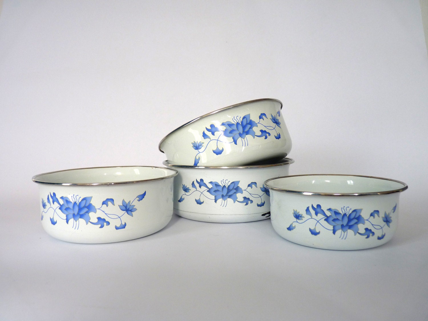 Set of Four Blue and White Enamel Bowls
