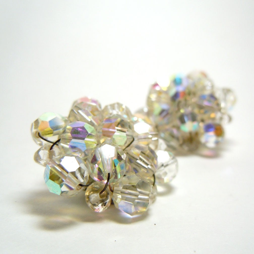 Vintage Aurora Borealis Crystal Cluster Clip-On Earrings