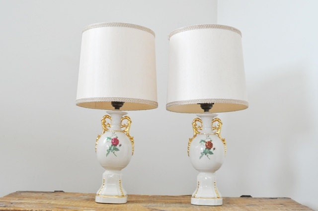 Vintage Pair Floral Ceramic Table Lamps with Shades