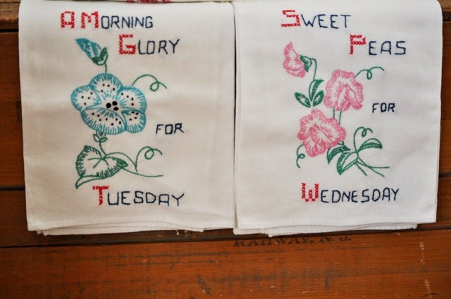 Vintage Days of the Week Flower Embroidered Flour Sack Towel Seven Day Set