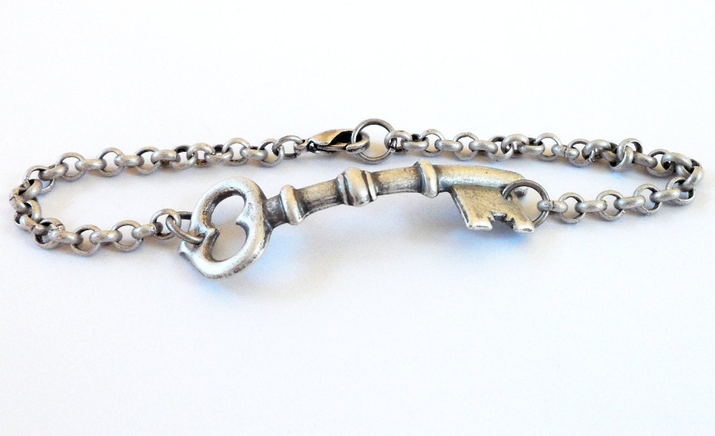 Steampunk Small Skeleton Key Bracelet- Sterling Silver Finish