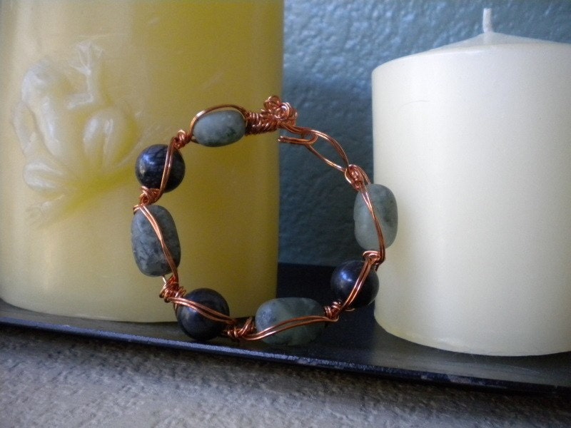 Double Wrapped Jade and Stone Copper Bracelet