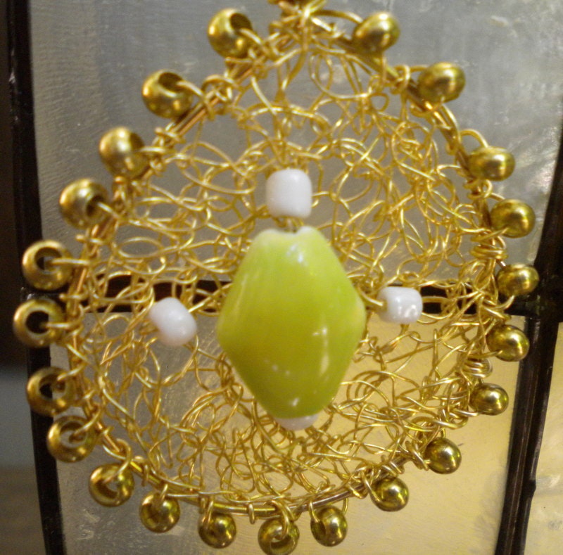 Crocheted Lace Wire Earrings with Brass Beads and Ceramic Beads
