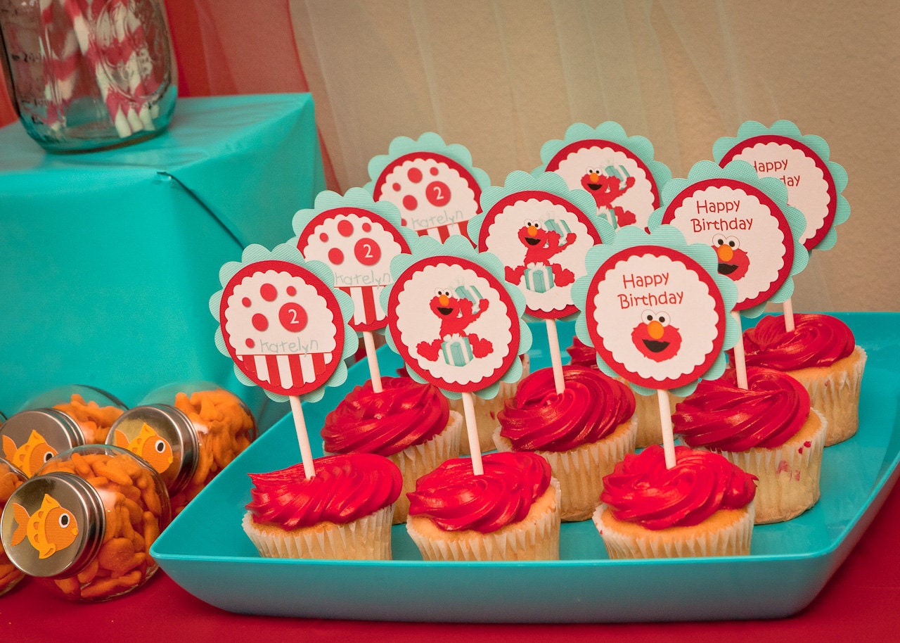 Elmo Birthday Cupcake Topper Sesame Street Birthday Party set of 24