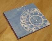 An Insomniac's Lament: 24 Letters for 24 Hours, hand bound zine with woodblock print covers, Blue and Burgundy