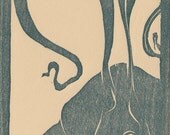 Year of the Rabbit: Chinese Zodiac Homage, Woodblock print, Green on tan