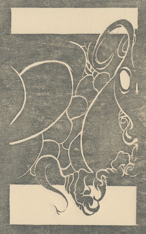 Year of the Dragon: Chinese Zodiac Homage, Woodblock print, Grey on Tan