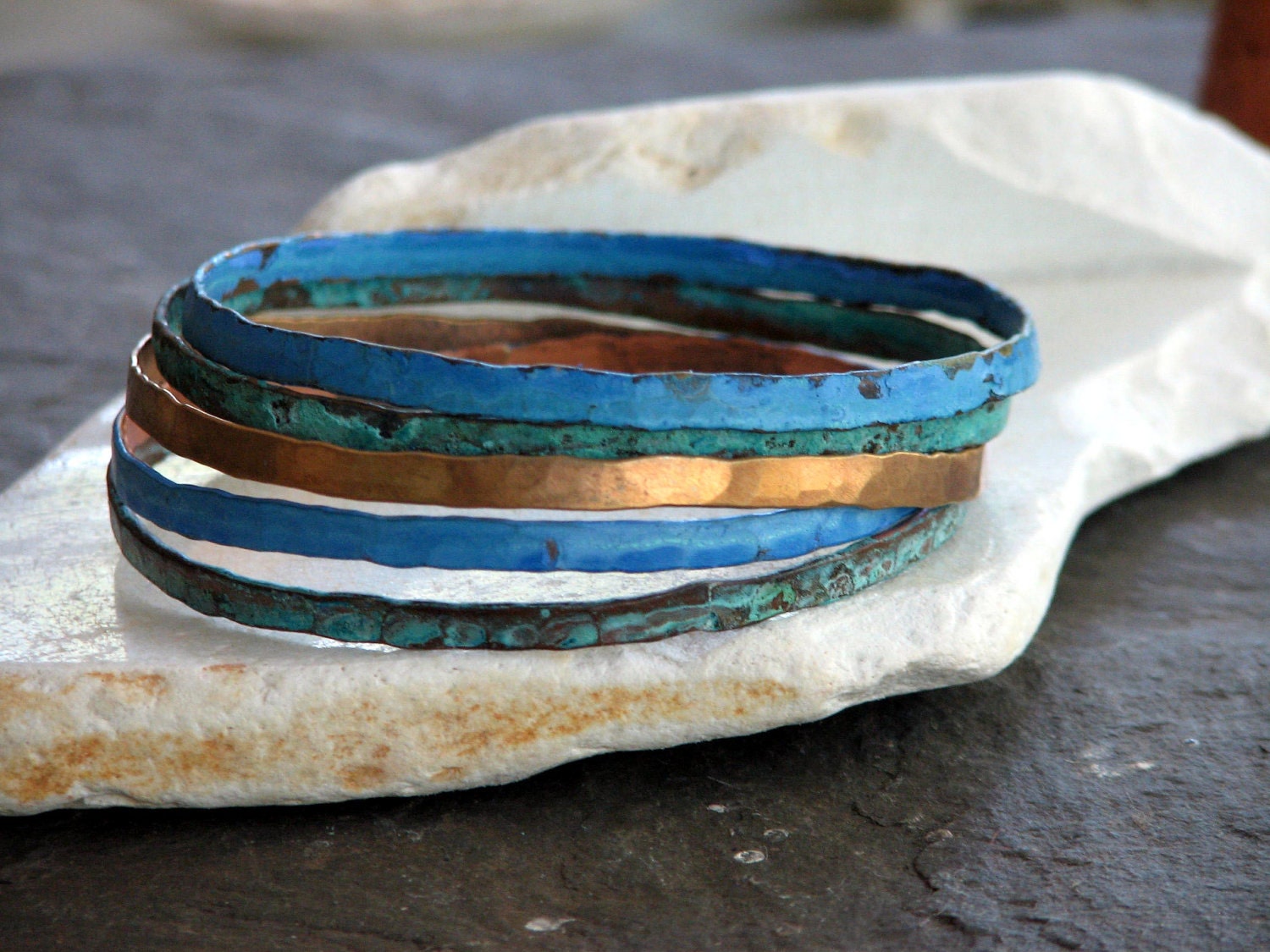 Patina bangle bracelets Set of 5