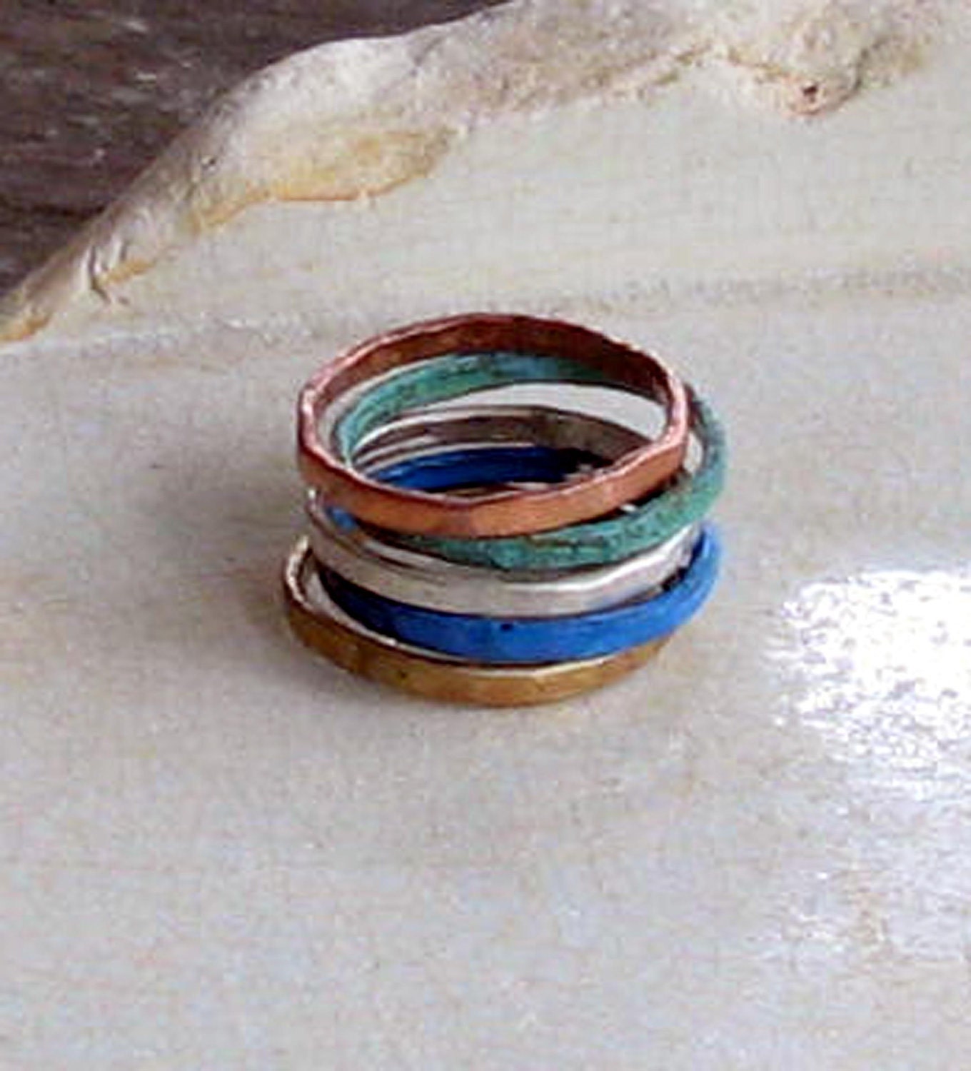 Mix metals and patina stacking ring set of five