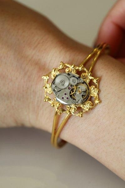 Steampunk Bracelet - Gold Filigree with Vintage Watch Movement by CB Designs