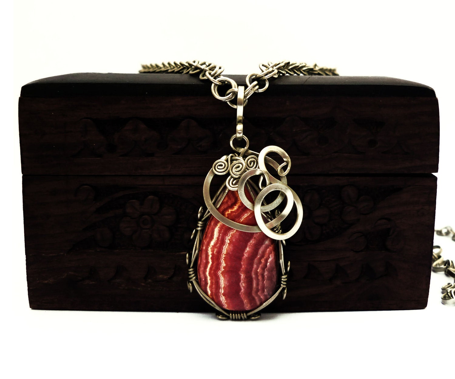 Wire Wrap Pink Necklace with Rhodochrosite stone