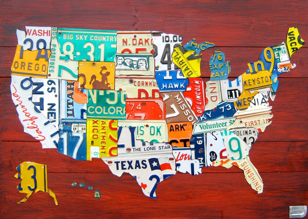 Medium License Plate Map of the United States - 36" x 24" USA
