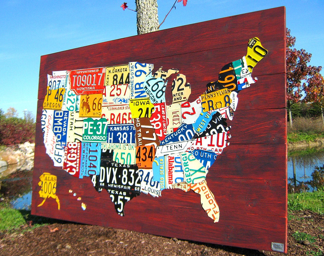 Extra Large License Plate Map of the United States 60" x 40" USA