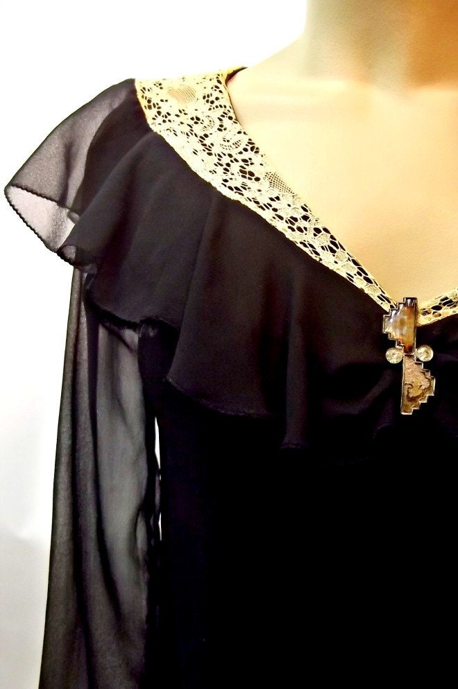 1920s Black Sheer FlowyRESERVED for Rockabilly Cat // Dropwaist Dress Speakeasy Sexu Tea Stained Lace Collar //  
