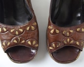 1970s Cork Platform Hand Tooled Petal Cutouts Sandals EARTHY COMFORT Sz 6.5